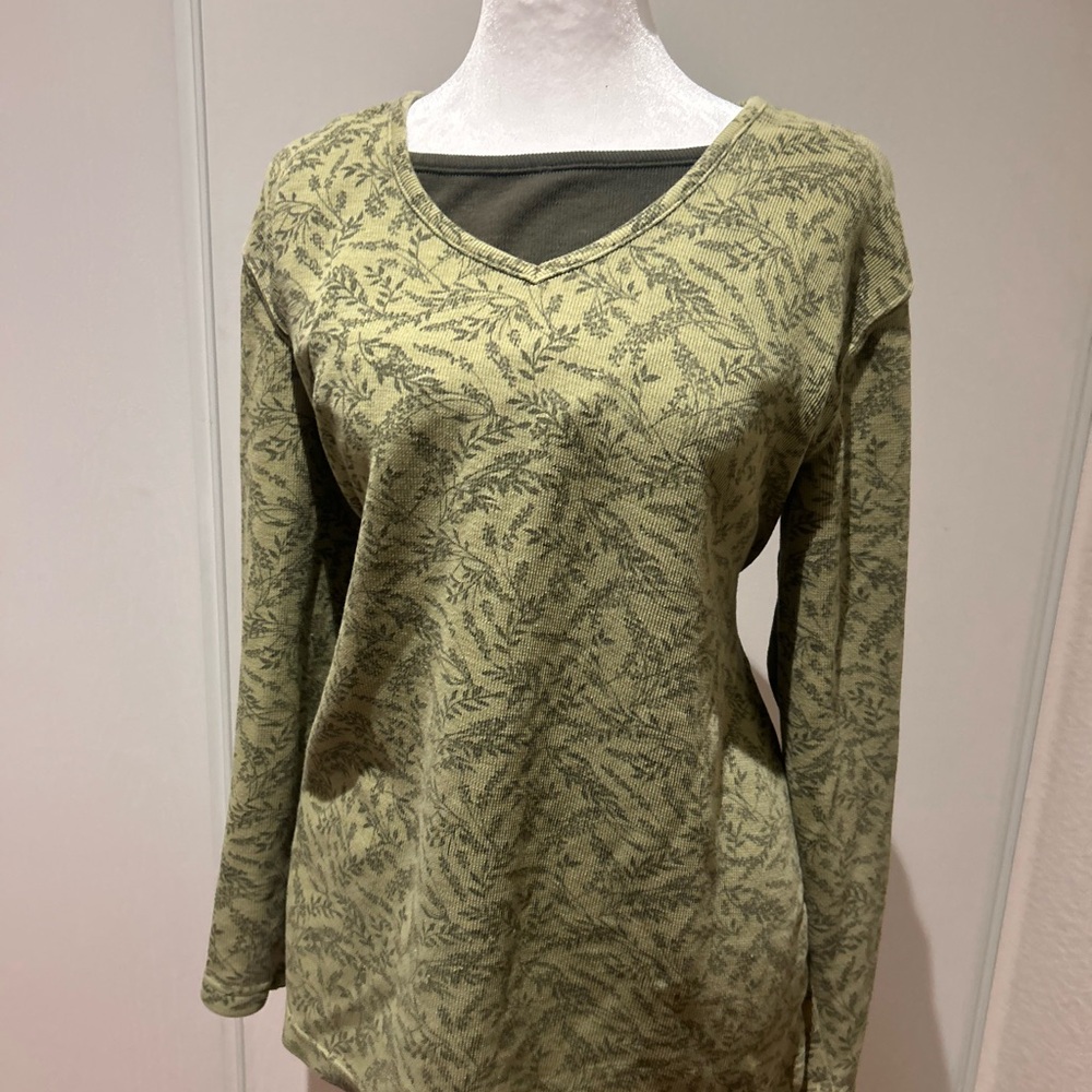 Bobbie Brooks Sage Green Leaf Print Long Sleeve Top